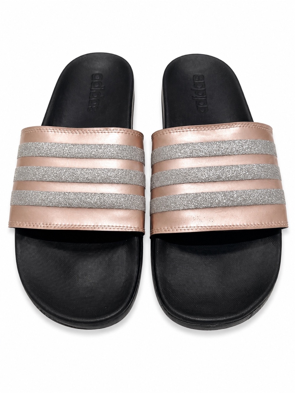 adidas Rose Gold Slides with Silver Glitter Stripes